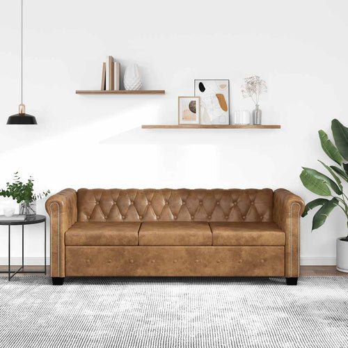 Divano Chesterfield a 3 Posti in Finta Pelle Marrone