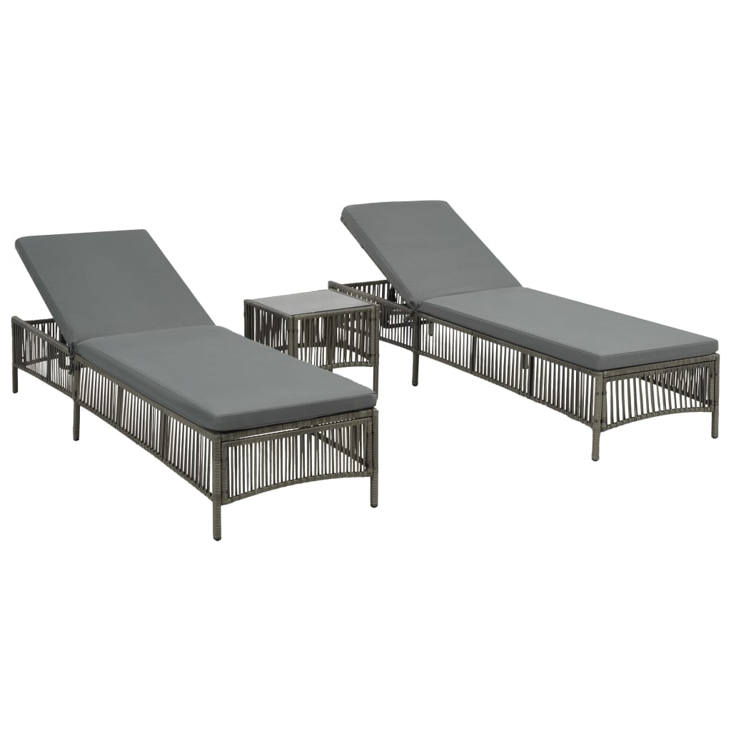 Set 2 Lettini con Tavolino in Polyrattan Grigio