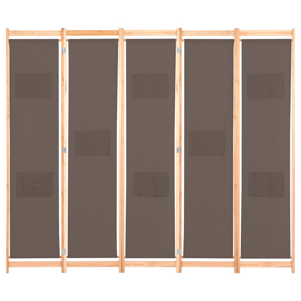 Separè 5 Pannelli Marrone 200x170x4 cm in Tessuto e legno