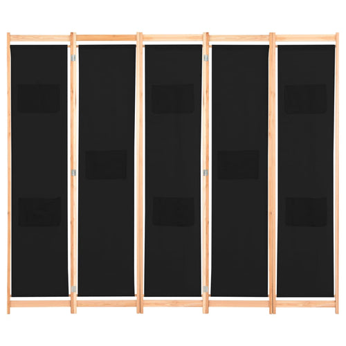 Separè 5 Pannelli Nero 200x170x4 cm in Tessuto e legno