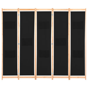 Separè 5 Pannelli Nero 200x170x4 cm in Tessuto e legno