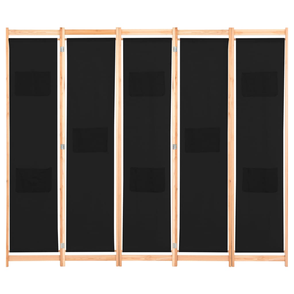Separè 5 Pannelli Nero 200x170x4 cm in Tessuto e legno