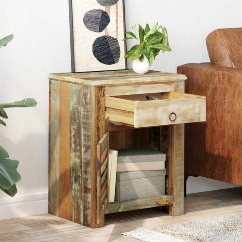 Tavolino Laterale con 1 Cassetto e 1 Anta in Legno di Recupero