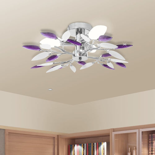 Lampadario da Soffitto a Foglie Bianco e Viola in Cristallo Acrilico