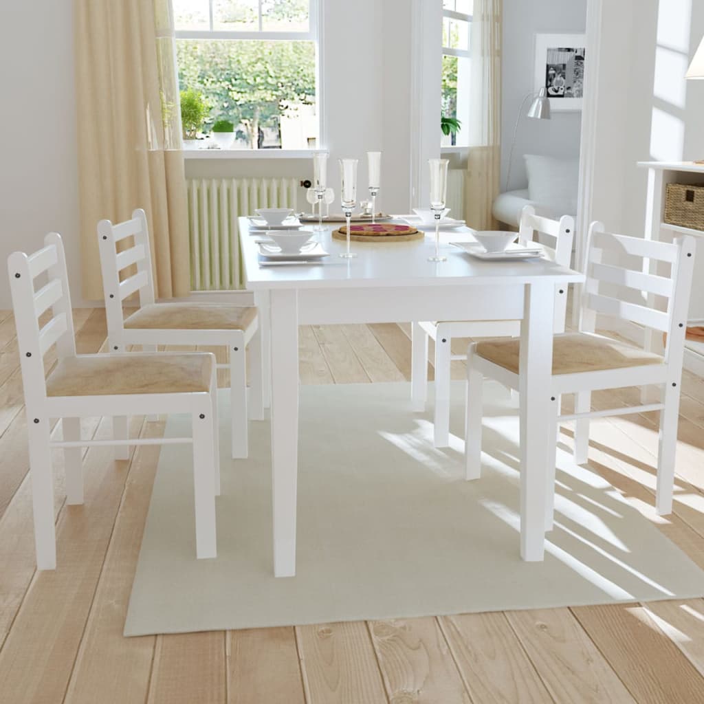 Sedie da Pranzo 4 pz Bianche Legno Massello di Hevea e Velluto
