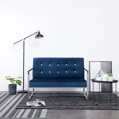Divanetto 2 Posti con Braccioli Blu Cromato e Velluto
