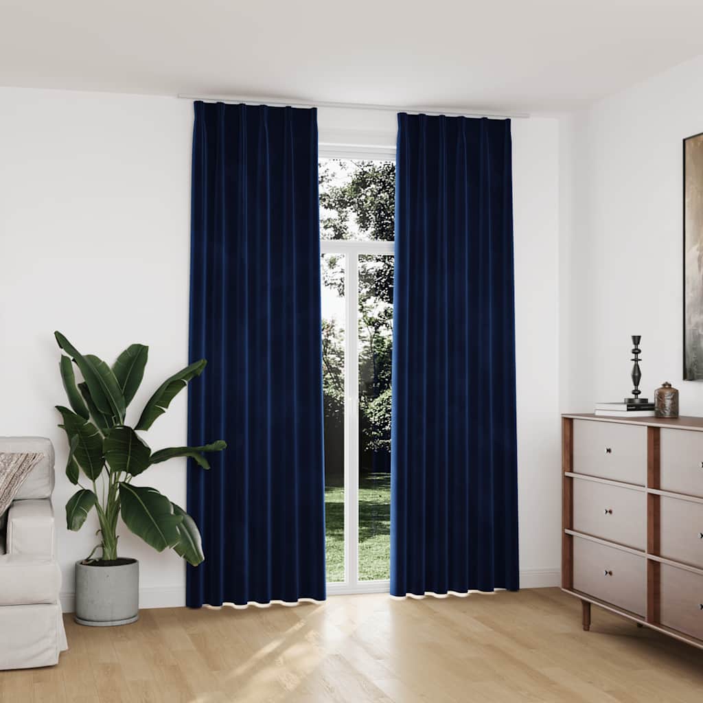 Tende Oscuranti con Ganci 2 pz Blu Scuro in Velluto 140x245 cm