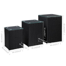 Load image into Gallery viewer, Tavolini 3 pz con Piano in Vetro Neri in Polyrattan per esterni