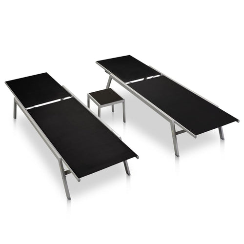 Set 2 Lettini con Tavolino in Acciaio e Textilene Nero