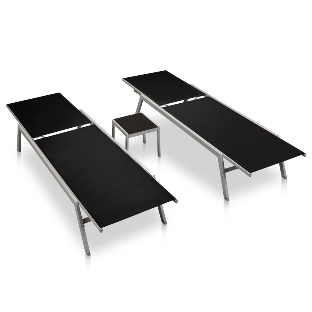 Set 2 Lettini con Tavolino in Acciaio e Textilene Nero