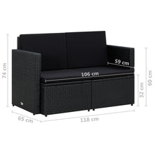 Carica l&#39;immagine nel visualizzatore di Gallery, Divano da Giardino a 2 Posti con Cuscini Nero in Polyrattan Nero