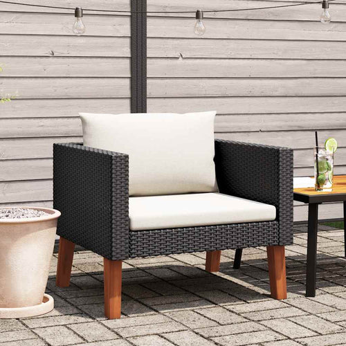 Poltrona da Giardino con Cuscini Bianchi in Polyrattan Nero
