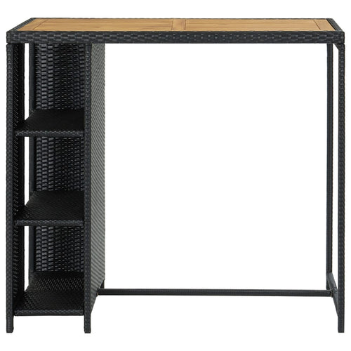 Tavolo Bar con Ripiani Nero e piano in legno 120x60x110 cm in Polyrattan per esterni