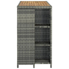 Carica l&#39;immagine nel visualizzatore di Gallery, Tavolo Bar con Ripiani Grigio e piano in legno 120x60x110 cm in Polyrattan per esterni