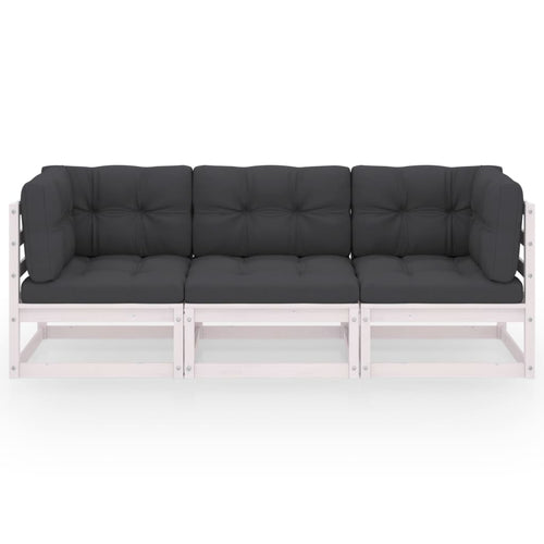 Divano da Giardino a 3 Posti con Cuscini Grigio in Massello di Pino Bianco