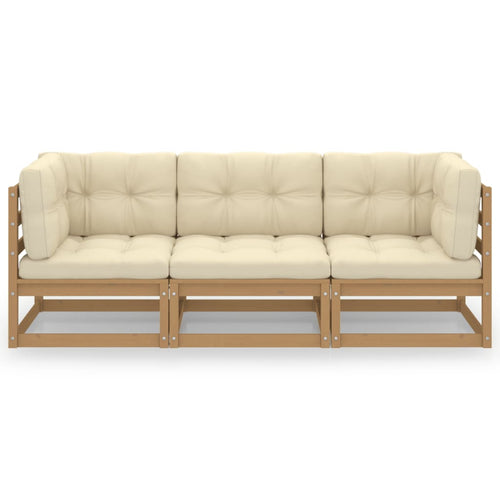 Divano da Giardino a 3 Posti con Cuscini Crema in Massello di Pino Miele