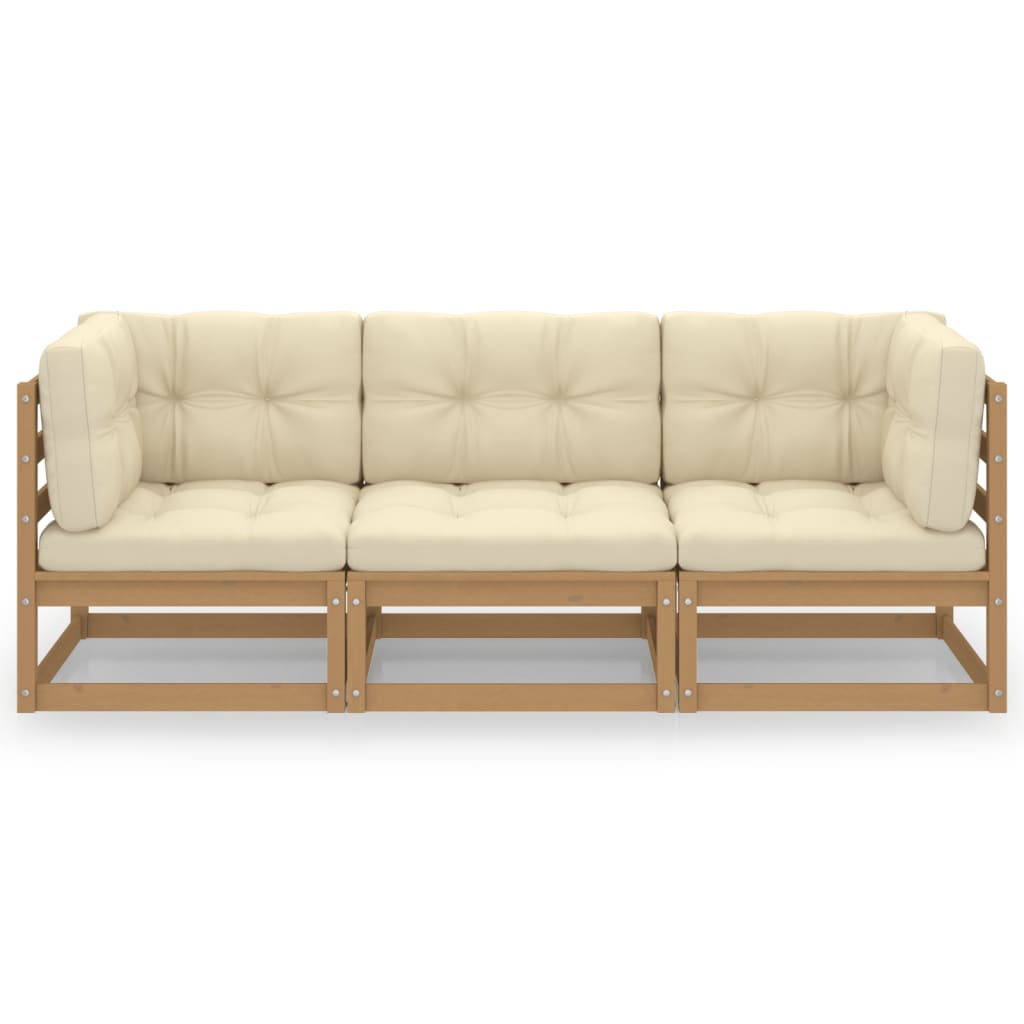 Divano da Giardino a 3 Posti con Cuscini Crema in Massello di Pino Miele
