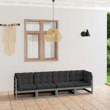 Laden Sie das Bild in den Galerie-Viewer, Divano da Giardino 4 Posti con Cuscini Neri in Legno Massello di Pino Grigio