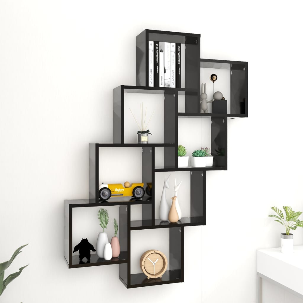 Mensola da Parete 8 Cubi Nera 90x15x119 cm in Legno Multistrato