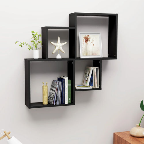 Mensola da Parete a 4 Cubi Nera 80x15x78,5 cm Legno Multistrato