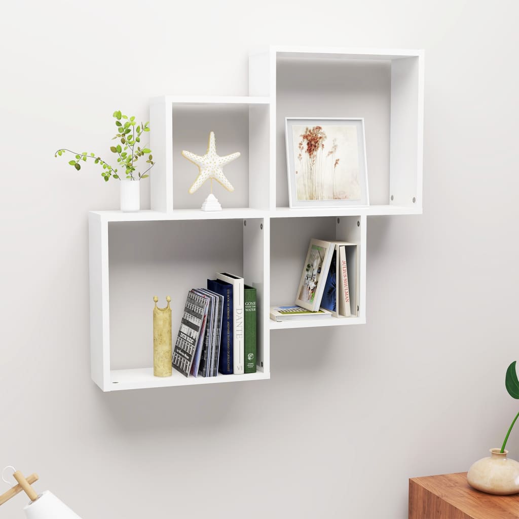 Mensola a Muro 4 Cubi Bianco Lucido 80x15x78,5cm Legno Multistrato