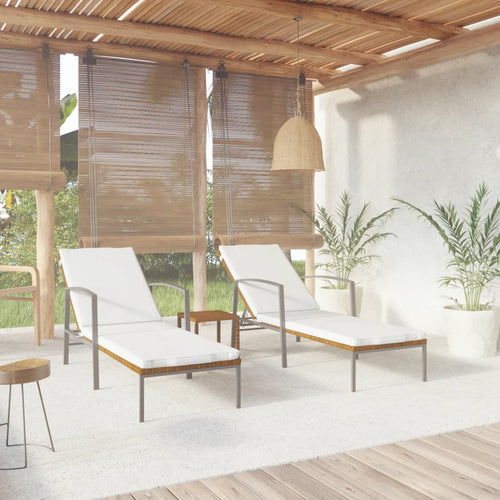 Set 2 Lettini con Tavolino in Polyrattan Marrone