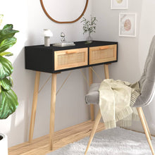 Load image into Gallery viewer, Tavolo Consolle Nero 80x30x75cm Massello Pino e Rattan Naturale