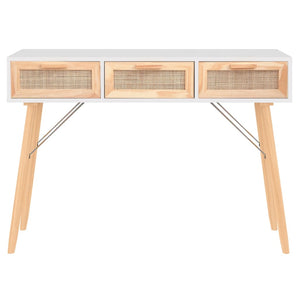 Tavolo Consolle Bianco 105x30x75 Massello Pino Rattan Naturale