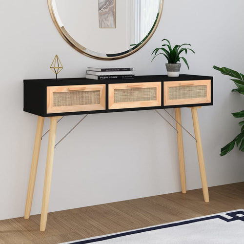 Mobiletto Consolle Nero 105x30x75cm in Massello di Pino e Rattan Naturale