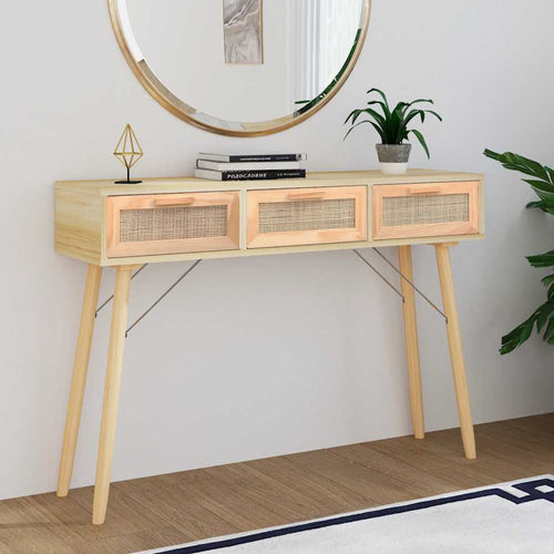 Mobiletto Consolle Marrone 105x30x75 in Massello di Pino e Rattan Naturale