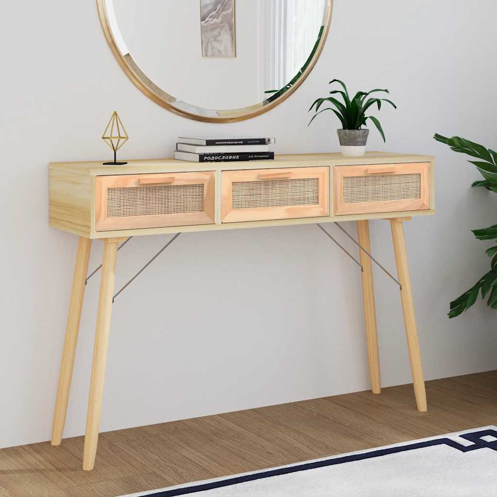 Mobiletto Consolle Marrone 105x30x75 in Massello di Pino e Rattan Naturale