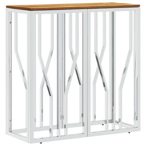 Mobiletto Consolle Argento in Acciaio Inox e Massello d'Acacia 70x30x70 cm