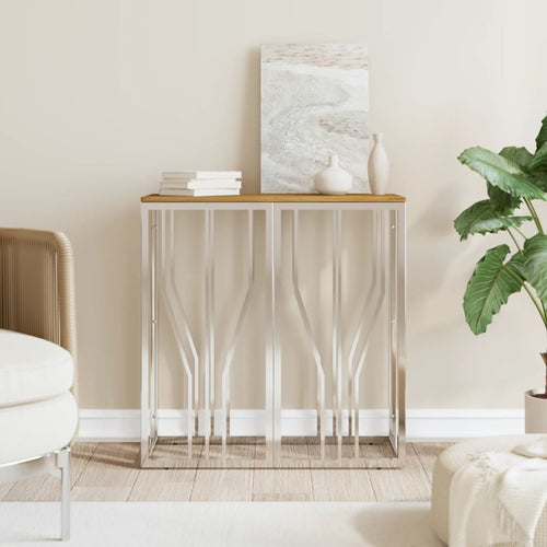 Mobiletto Consolle Argento in Acciaio Inox e Massello d'Acacia 70x30x70 cm