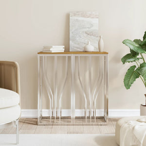 Mobiletto Consolle Argento in Acciaio Inox e Massello d'Acacia 70x30x70 cm