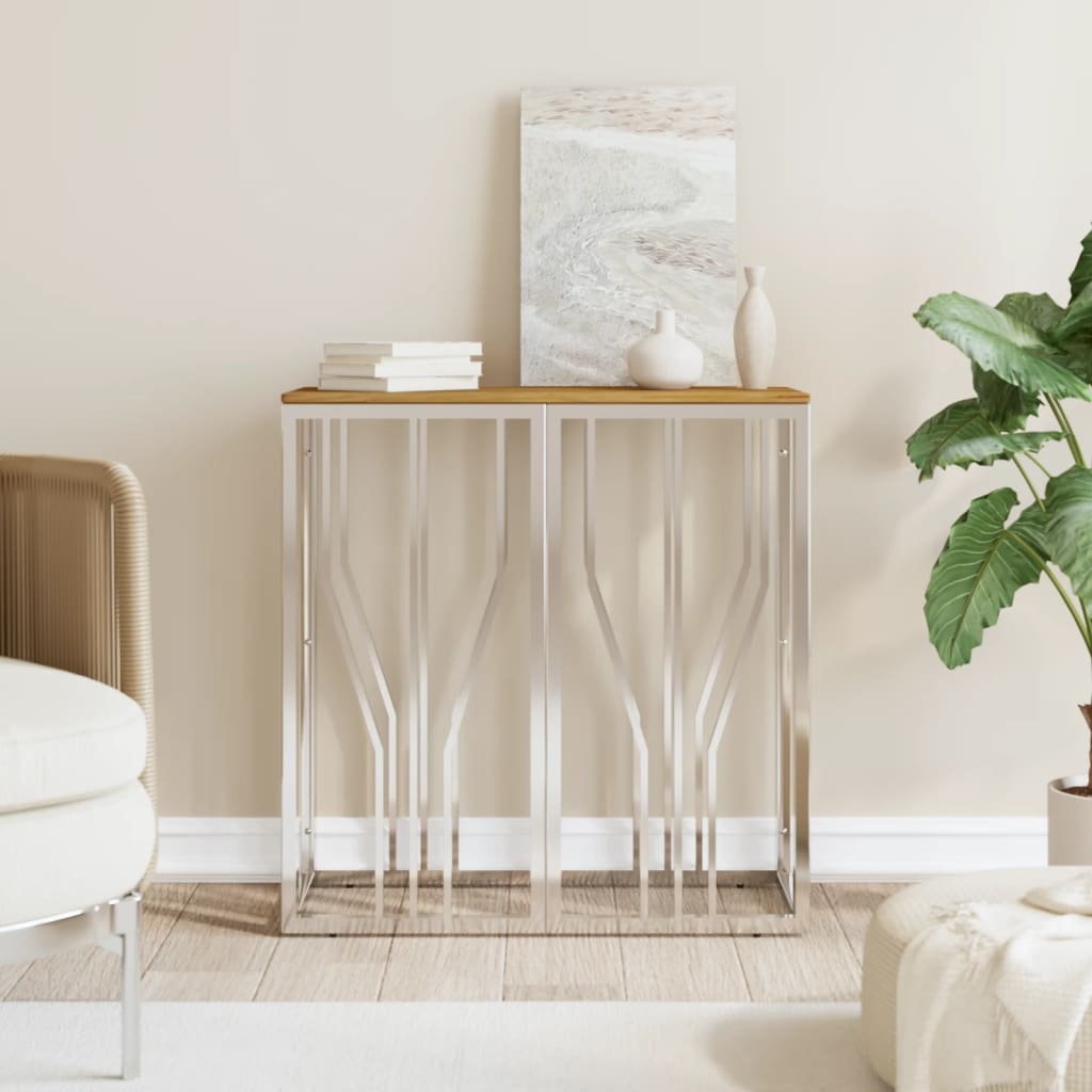 Mobiletto Consolle Argento in Acciaio Inox e Massello d'Acacia 70x30x70 cm
