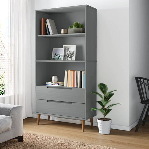 Libreria Grigia con 2 cassetti 85x35x170,5 cm in Legno Massello di Pino