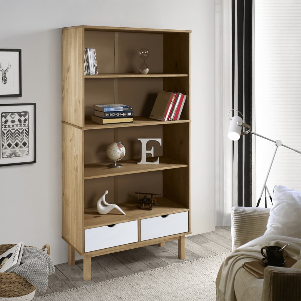 Libreria con 2 Cassetti Marrone e Bianco in Legno di Pino
