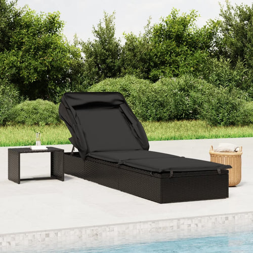 Lettino con Tetto Pieghevole Nero 213x63x97 cm Polyrattan Nero