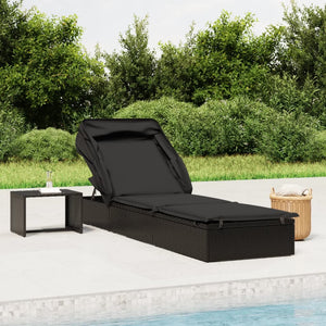 Lettino con Tetto Pieghevole Nero 213x63x97 cm Polyrattan Nero