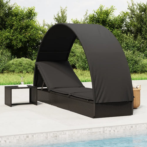 Lettino con Tetto Rotondo Nero 211x57x140 cm Polyrattan Nero
