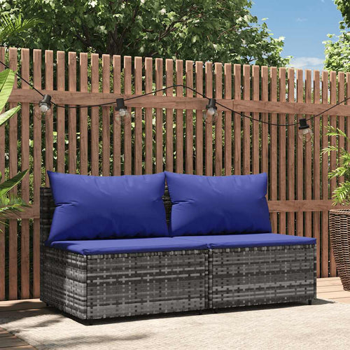 Divano lineare da Giardino con Cuscini Blu 2pz Polyrattan Grigio