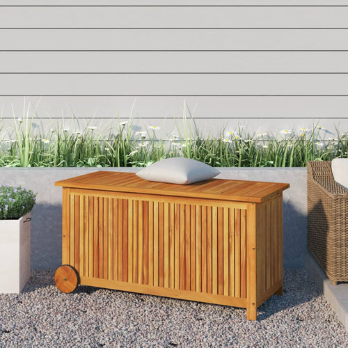 Baule da Giardino con Ruote 113x50x58 in Massello di Acacia Marrone