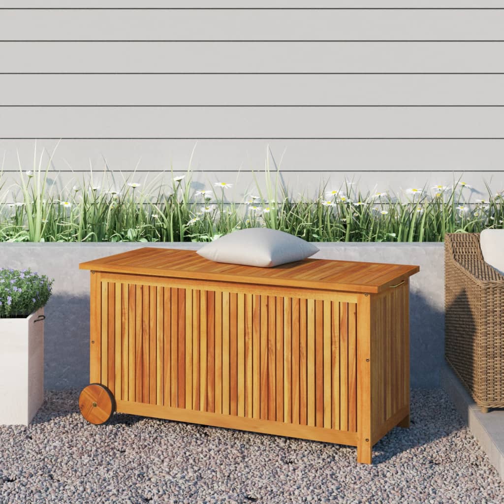 Baule da Giardino con Ruote 113x50x58 in Massello di Acacia Marrone