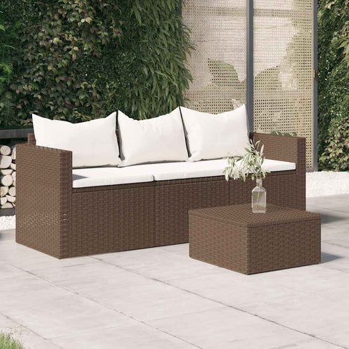 Divano da Giardino a 3 Posti con Cuscini Bianchi in Polyrattan Marrone