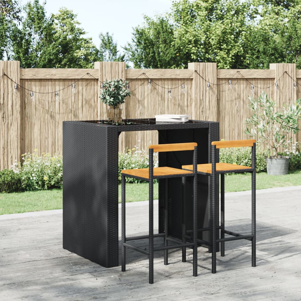 Sgabelli da Bar 2pz Neri Polyrattan e Legno Massello di Acacia per esterni