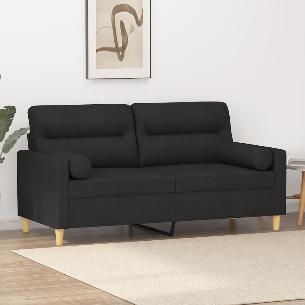 Divano a 2 Posti con 2 Cuscini Decorativi Nero 140 cm in Tessuto