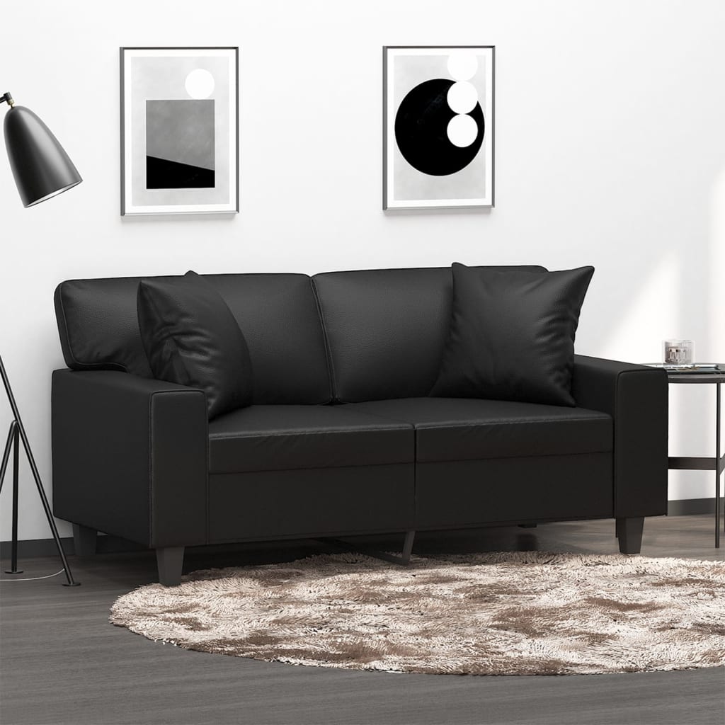 Divano a 2 Posti con 2 Cuscini Decorativi Nero 120 cm in Similpelle