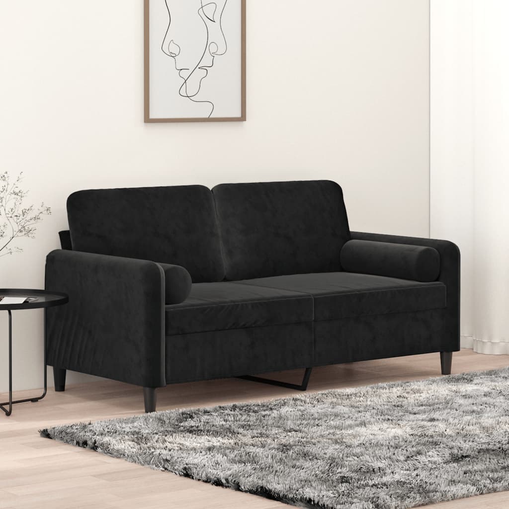 Divano a 2 Posti con 2 Cuscini Decorativi Nero 140 cm in Velluto