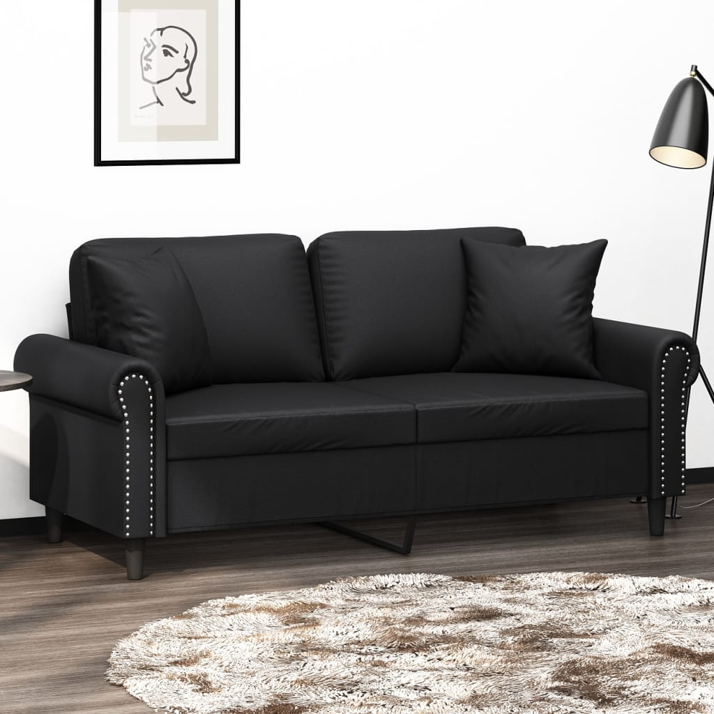 Divano a 2 Posti con 2 Cuscini Decorativi Nero 140 cm in Similpelle