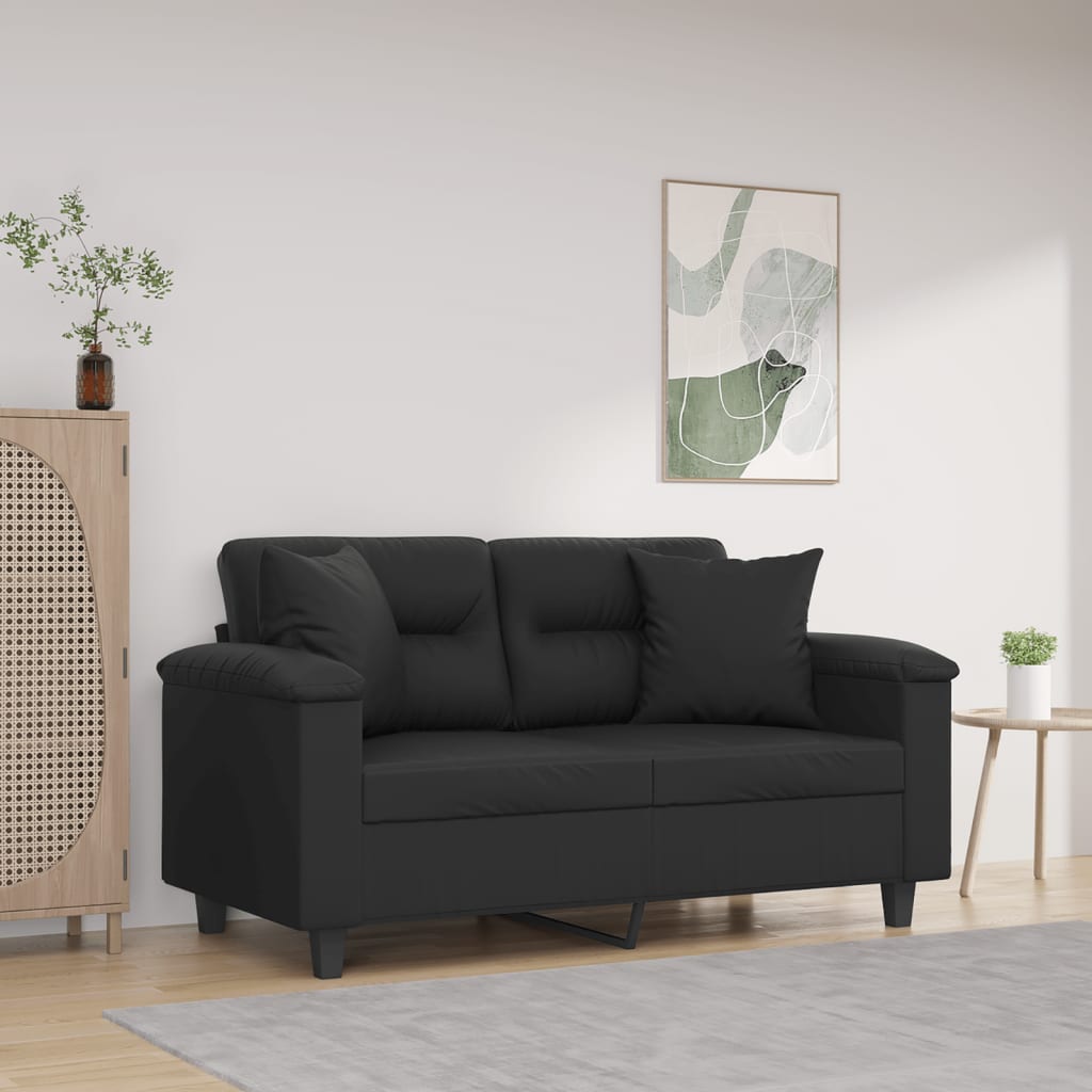 Divano a 2 Posti con 2 Cuscini Decorativi Nero 120 cm in Similpelle